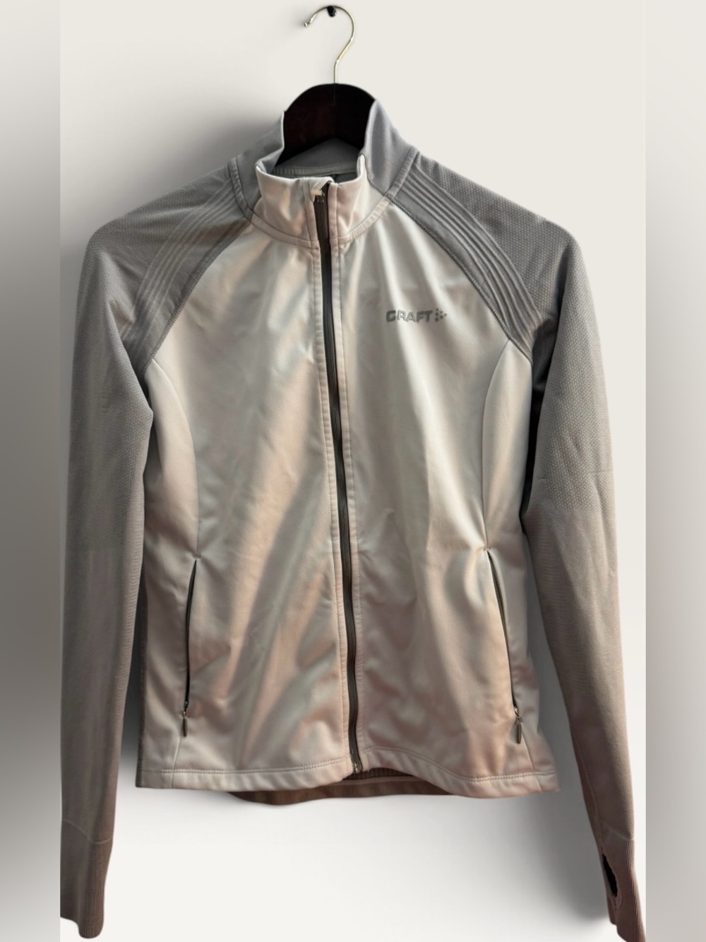 Craft Women's Full Zip Running Cycling Jacket Light Gray Size Small Thumbholes